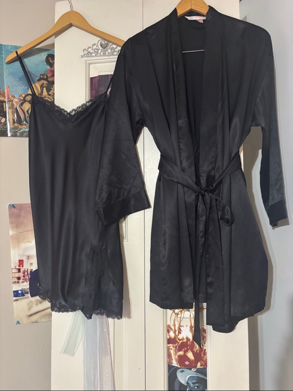 Vintage Y2K Victoria's Secret Black Satin Chemise Slip Dress Robe Set Medium Hot